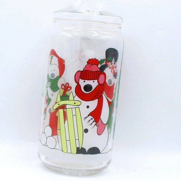 Snowman-Themed Clear Glass Cookie Jar With Lid 10.5 Oz Capacity Winter Holiday D - Picture 1 of 5